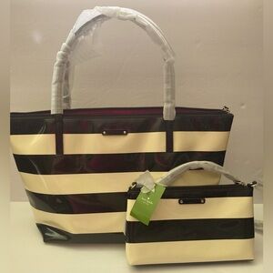 NWT! Kate Spade Black and Cream Striped Tote With Matching Crossbody